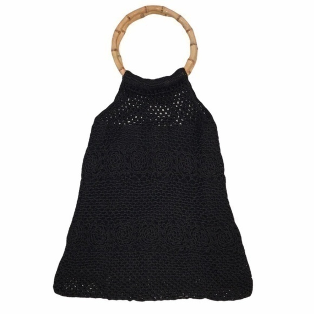 Black Crochet Bag With Bamboo Handles & Magnetic Closure - Picture 2 of 9
